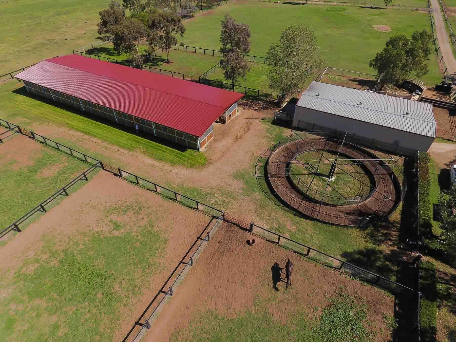 Aerial view of large stables